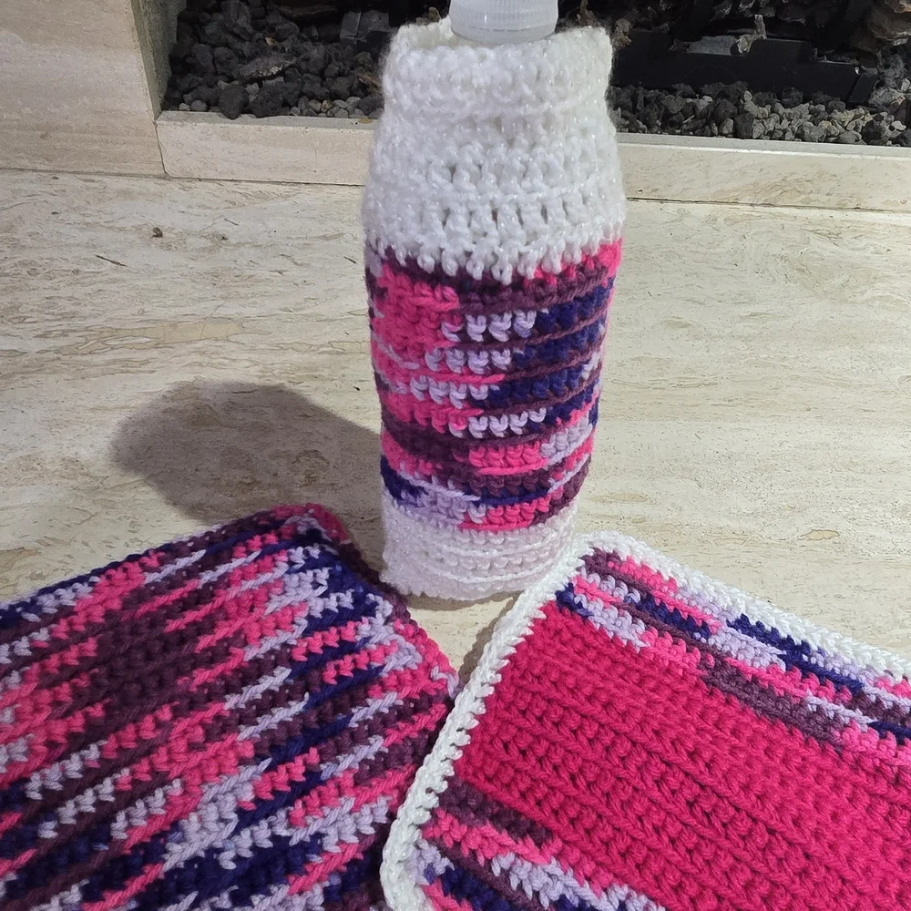 Handmade Crocheted Kitchen Set in Pink, Purple & White